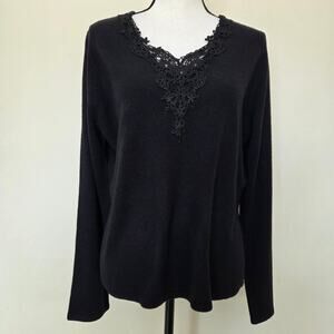 NWT Vintage Christopher & Banks XL Pullover Knit Sweater Crochet Long Sleeve Blk